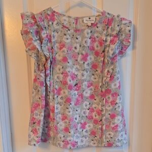 Pink and White Floral Blouse with Ruffle Sleeves
